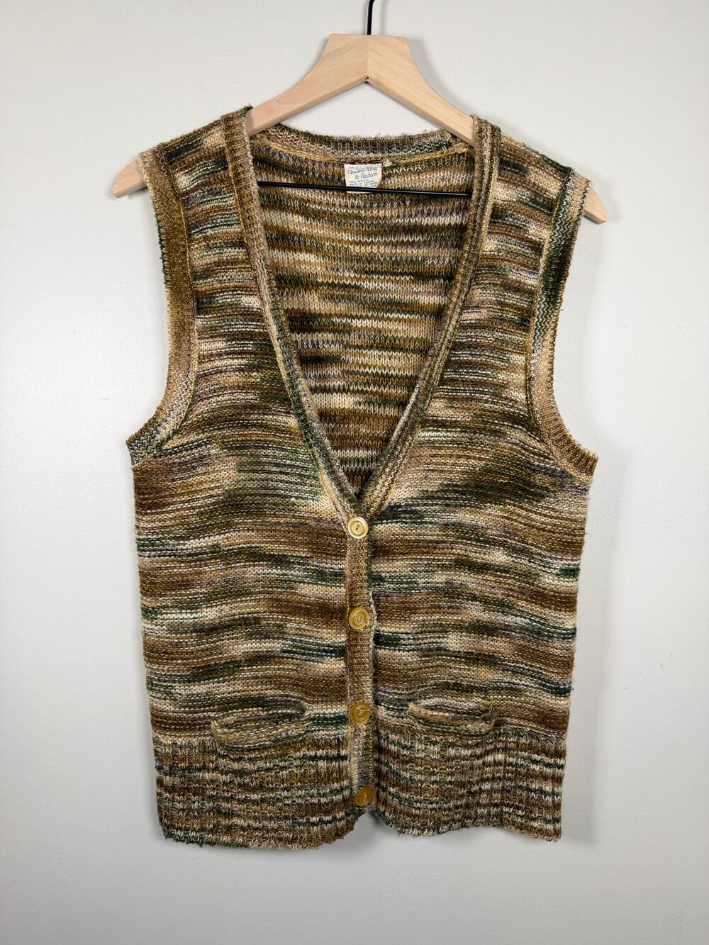 VTG 70s Queens Way to Fashion Knit Sweater Vest Earth Tones Space-Dye Fall Retro
